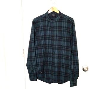 Mens Dark Green and Black Soft Flannel Shirt‎ Size L No Collar 7 Diamonds
